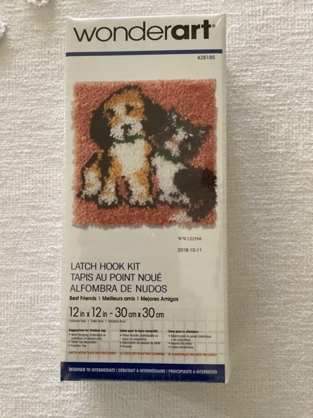 NEW-Spinrite-Caron Wonderart Latch Hook Kit 12"X12"-Best Friends Cat Dog New